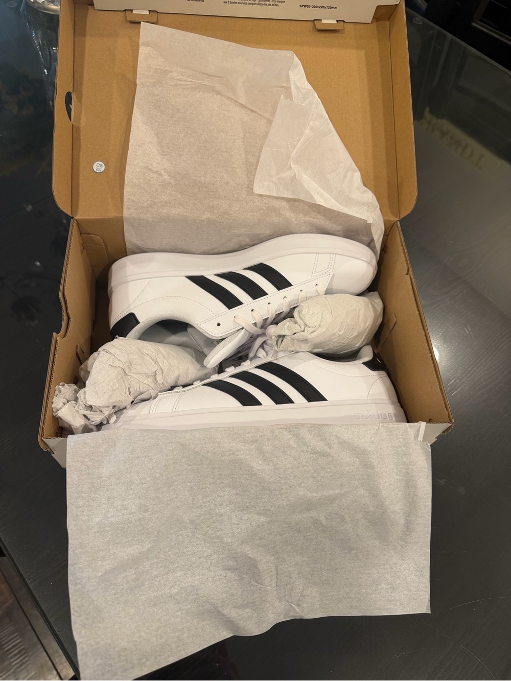 New in box Adidas White Sneakers with Black Stripes
